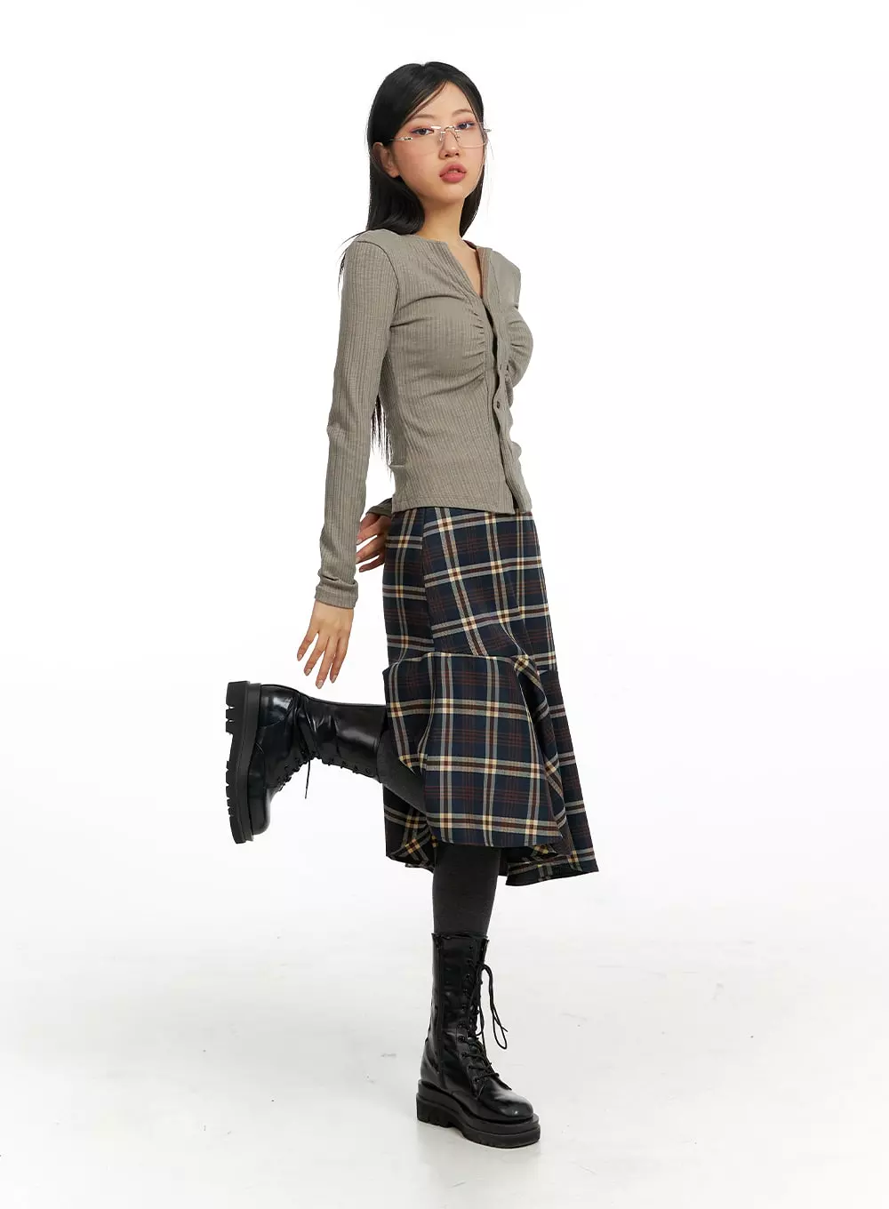 Asymmetrical Flare Check Midi Skirt CF408