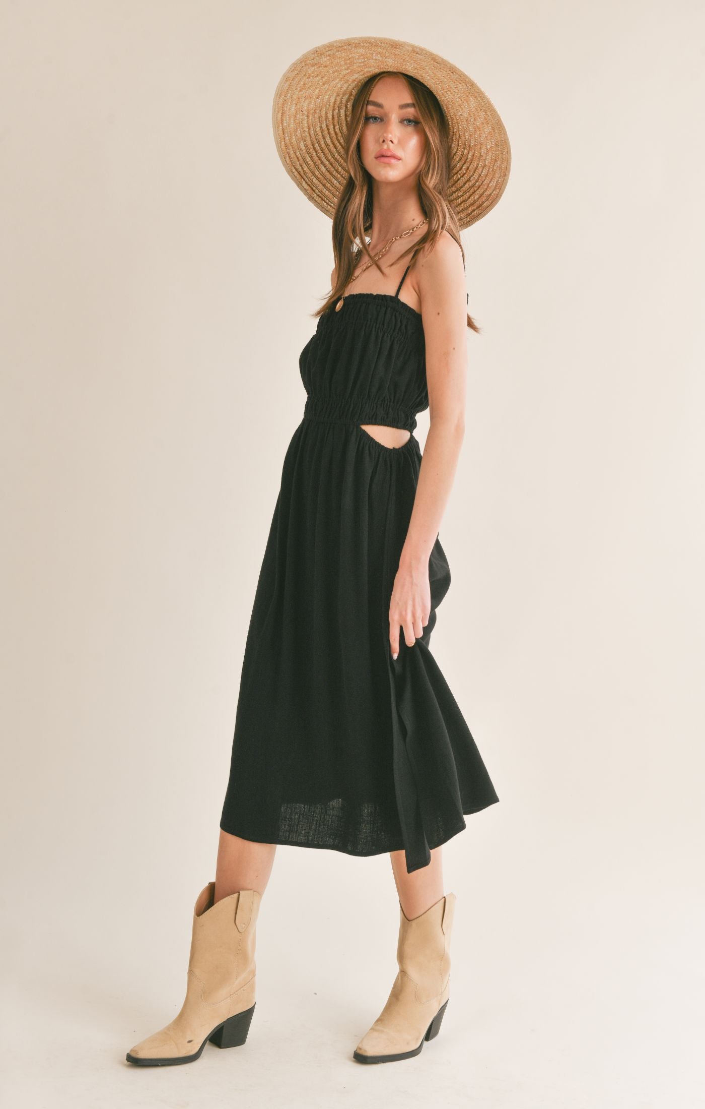 At Ease Linen Blend Side Cutout Midi Dress