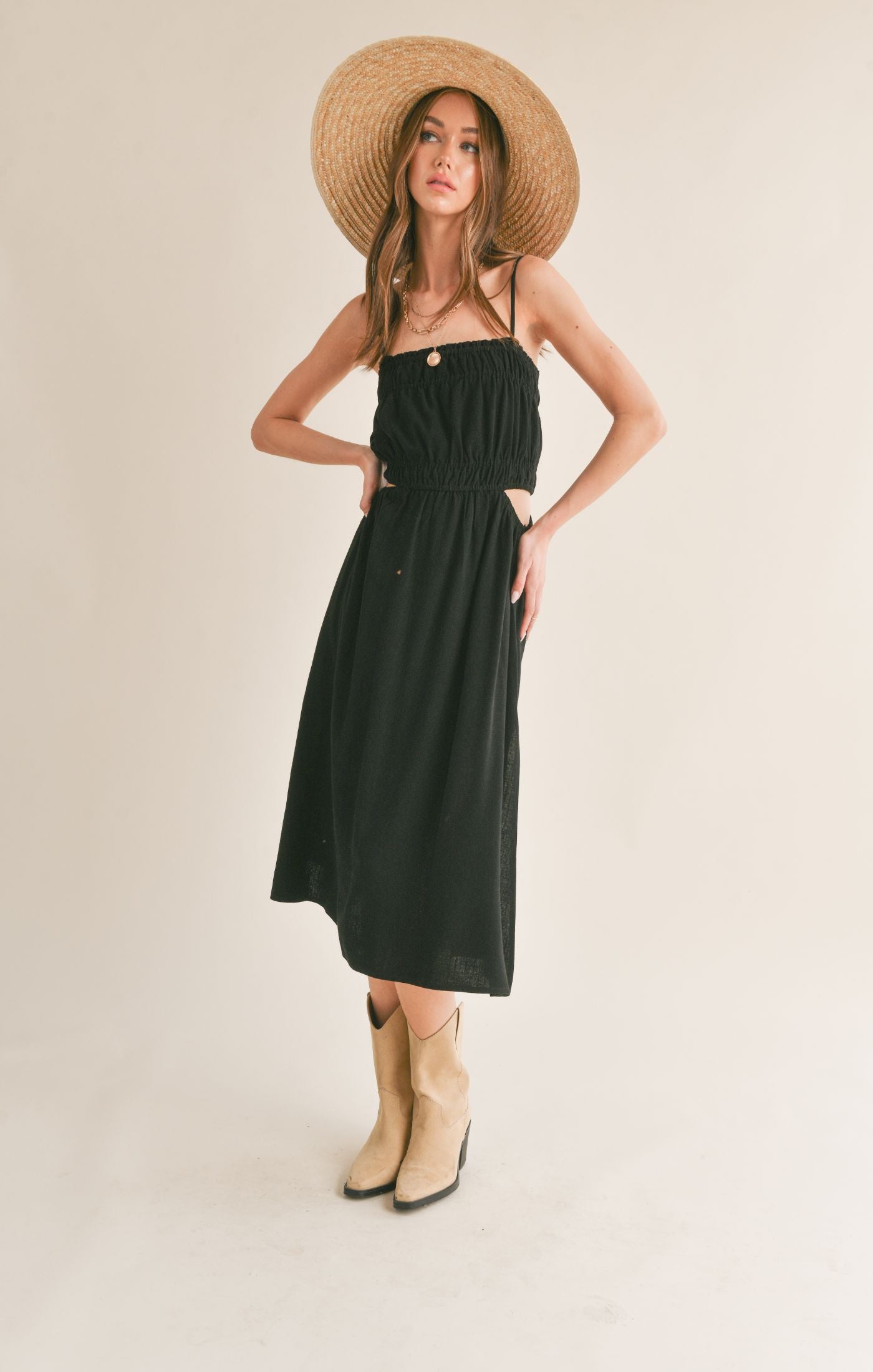 At Ease Linen Blend Side Cutout Midi Dress