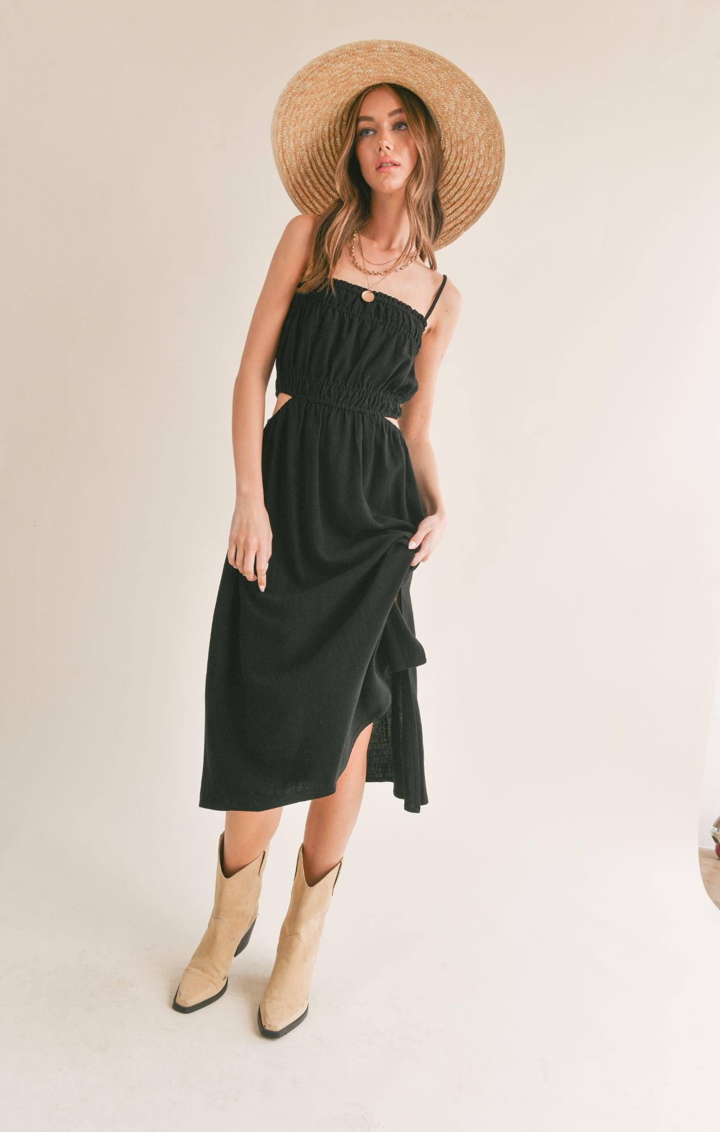 At Ease Linen Blend Side Cutout Midi Dress