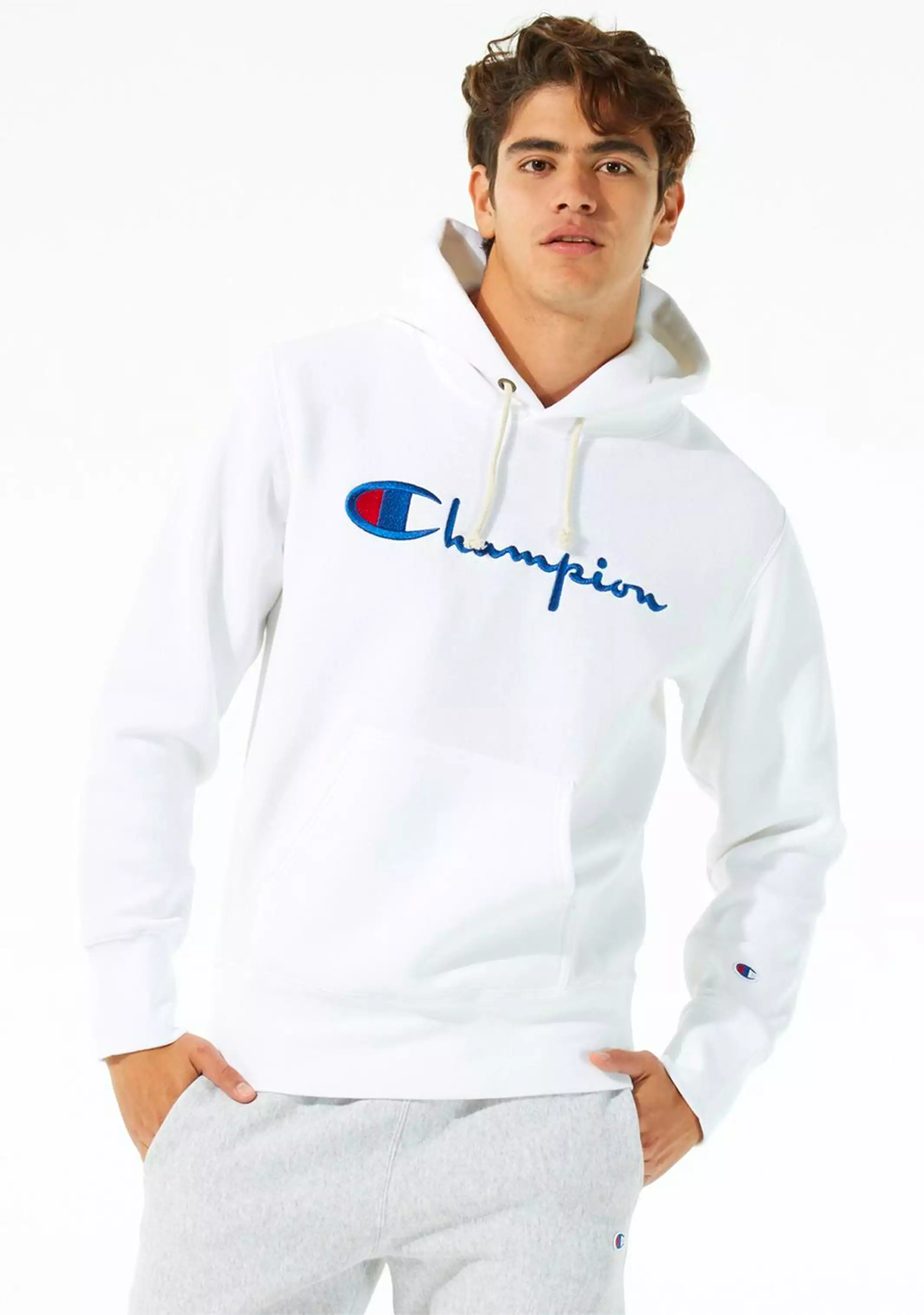 Champion Reverse Weave Embroidered Mens Script Logo Hoodie White <br> AXJWN WIT