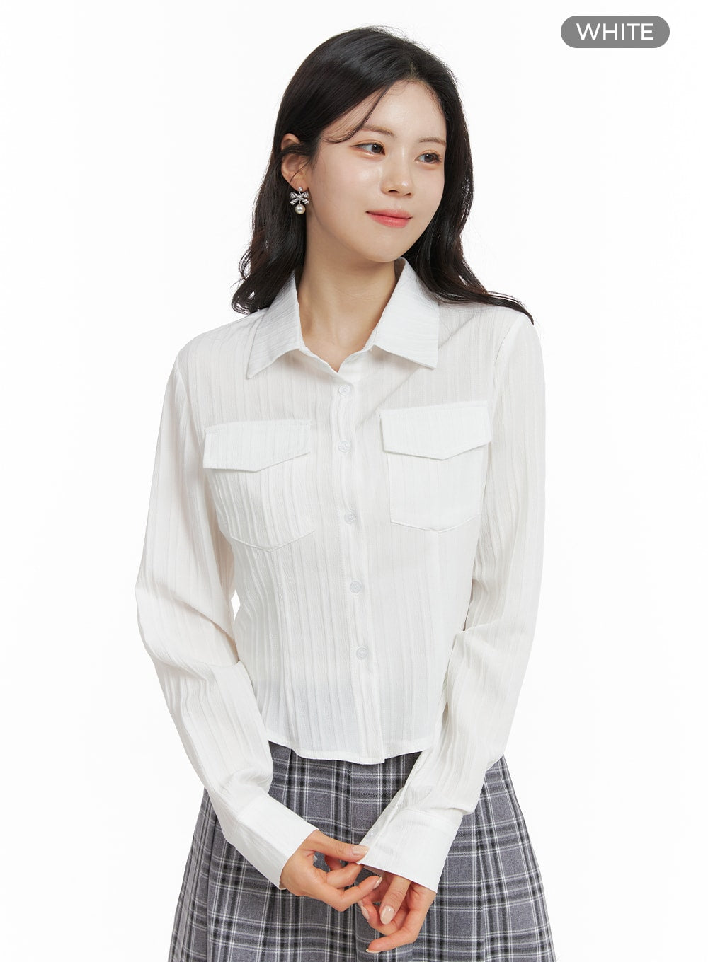 Collar Striped Button-Up Crop Shirt OM420