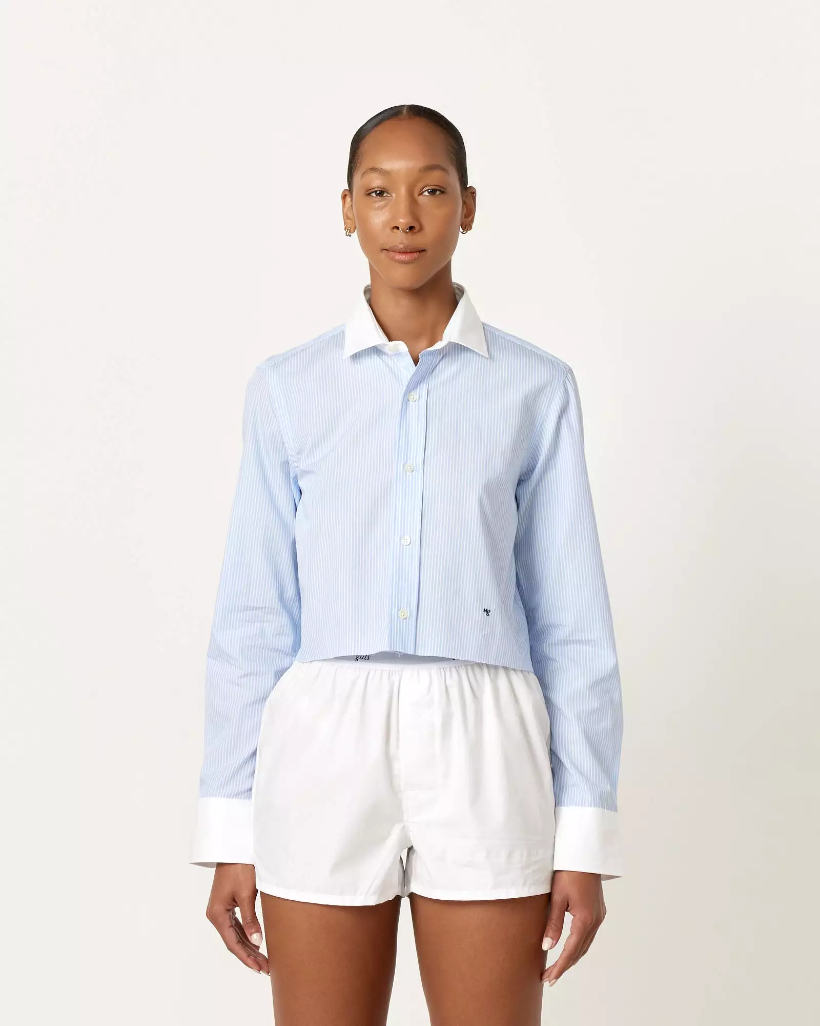 Cropped Contrast Collar Shirt in Ticking Stripe