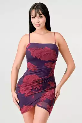 Dark Print Tulip Romance Mini Dress - Plum