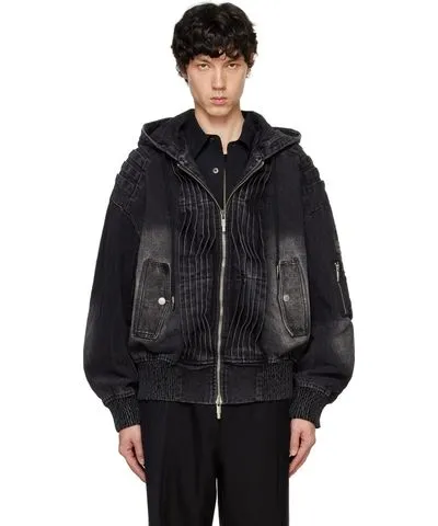 Feng Chen Wang Black Pleated Denim Jacket