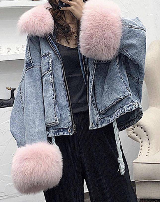 Genuine Fox Fur Trimmed Denim Jackets