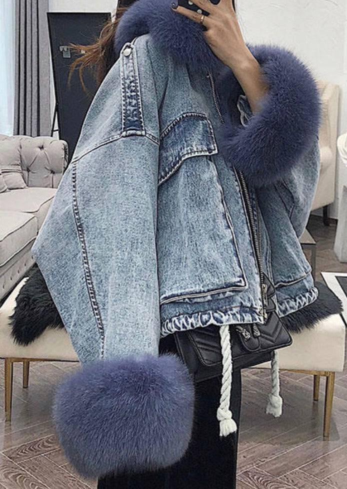 Genuine Fox Fur Trimmed Denim Jackets