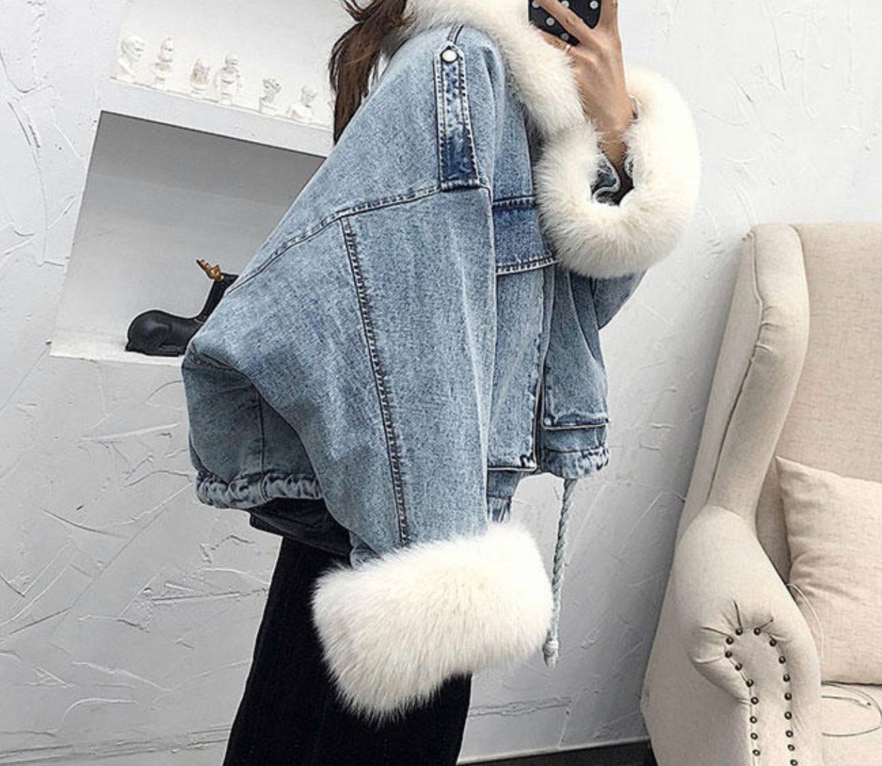 Genuine Fox Fur Trimmed Denim Jackets