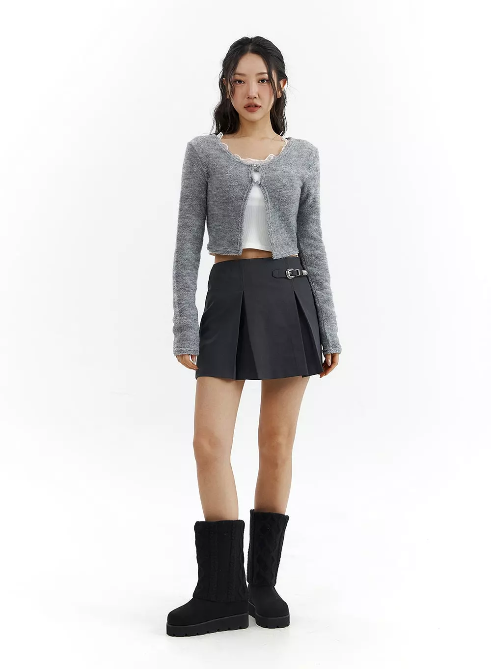 Gray Pleated Belted Mini Skirt CJ423