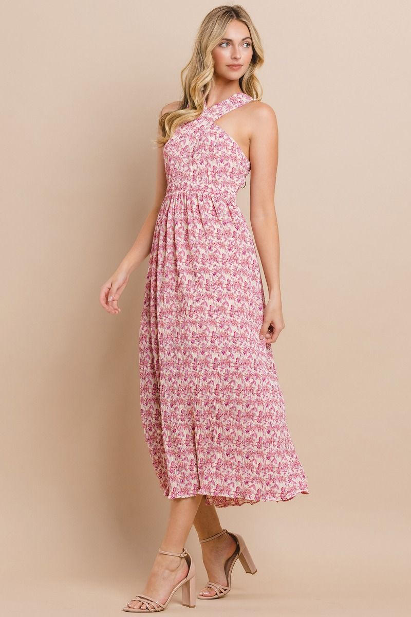 Halter Neckline Printed Pleated Midi Dress