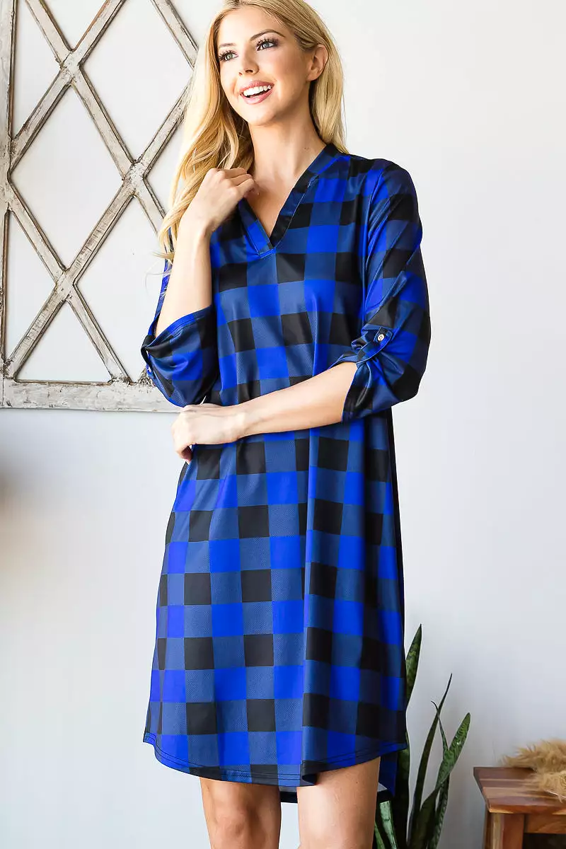 Haute Edition Women's 3/4 Plaid Roll-Tab Sleeve Shirt Dress