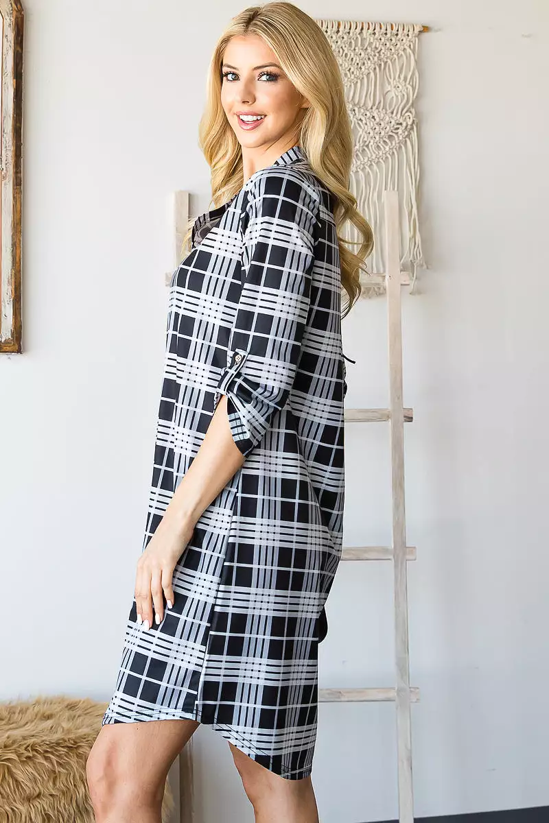 Haute Edition Women's 3/4 Plaid Roll-Tab Sleeve Shirt Dress