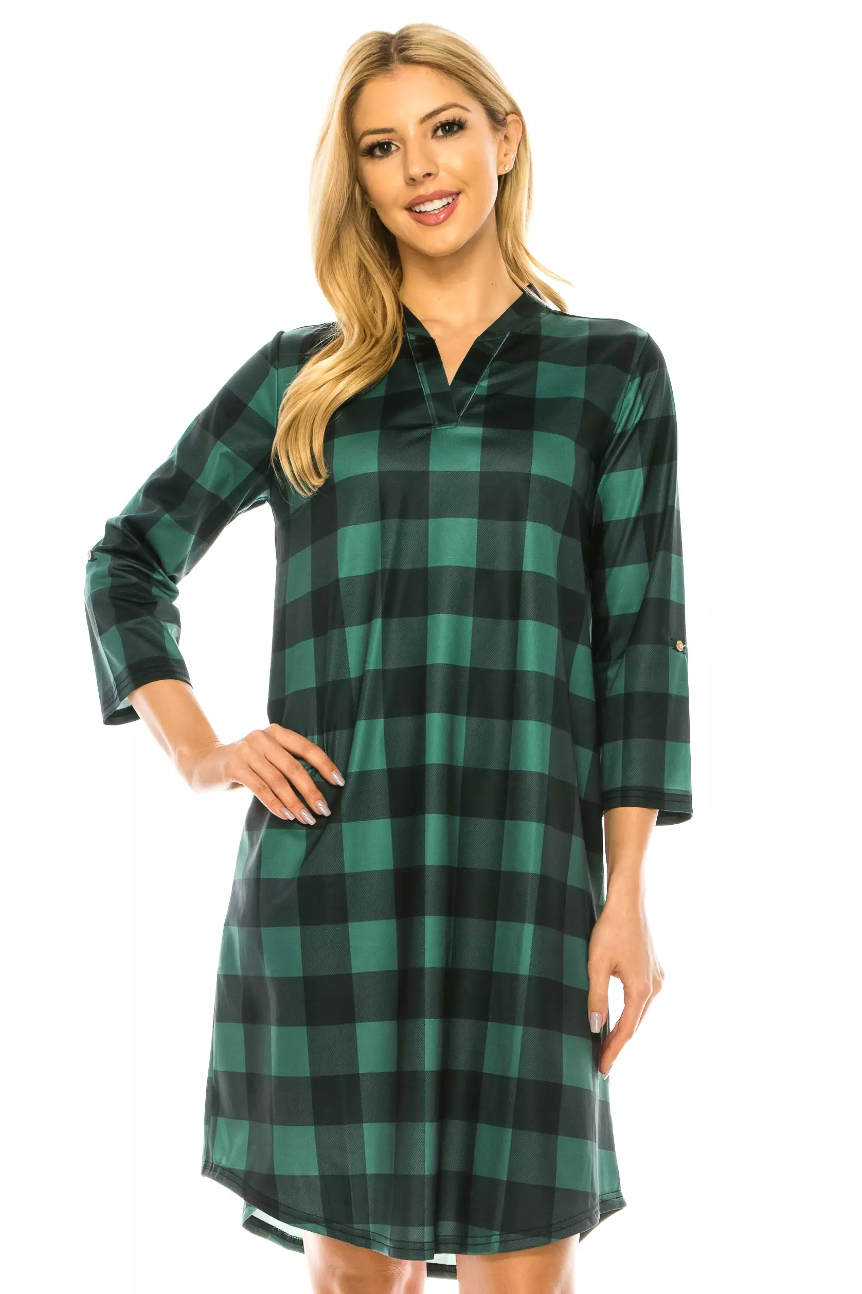 Haute Edition Women's 3/4 Plaid Roll-Tab Sleeve Shirt Dress