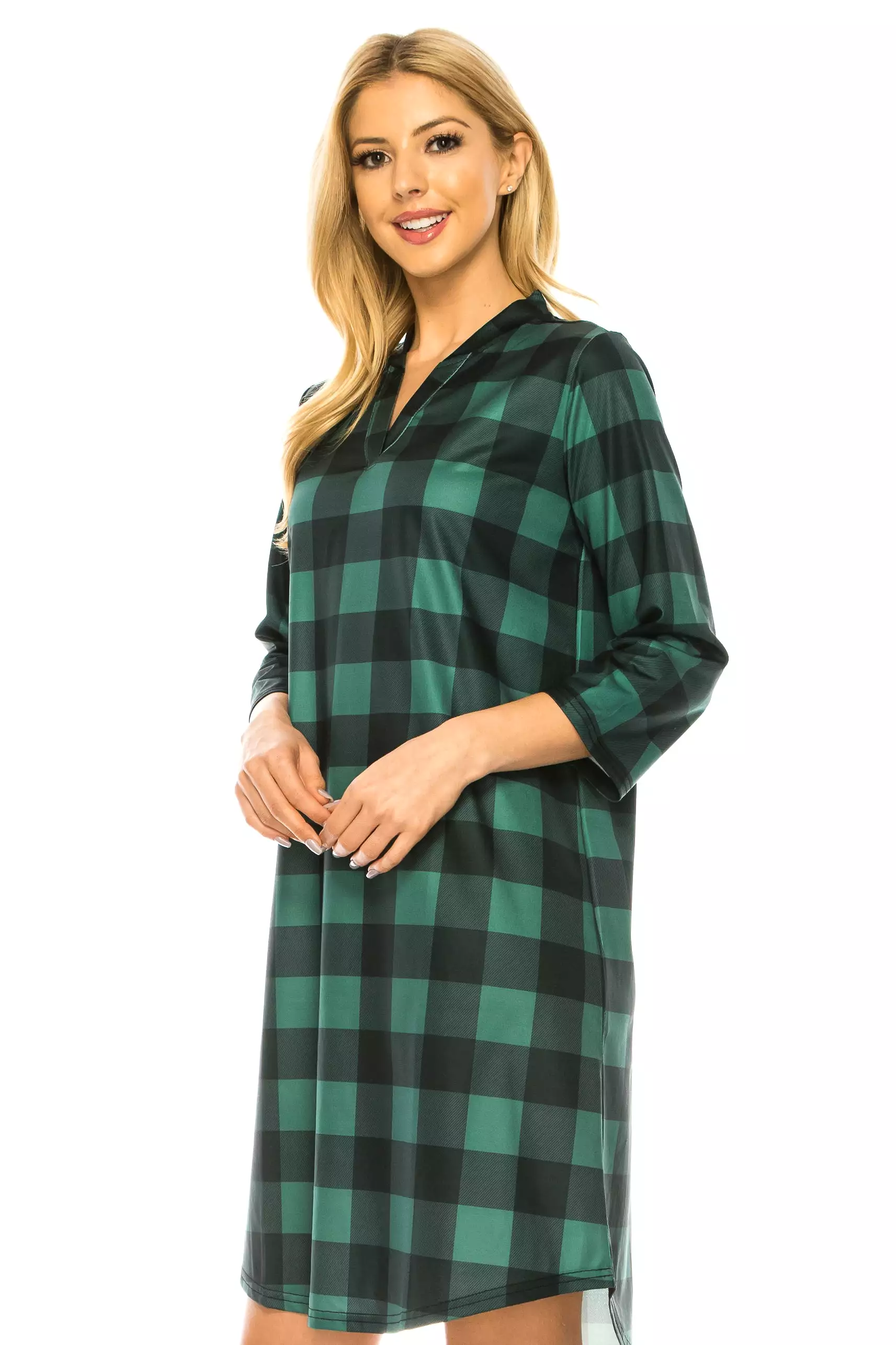 Haute Edition Women's 3/4 Plaid Roll-Tab Sleeve Shirt Dress