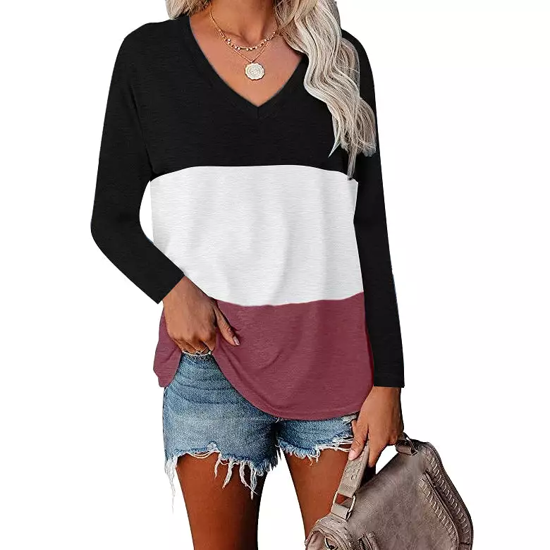 Haute Edition Women's Colorblock V-Neck Long Sleeve T-Shirt