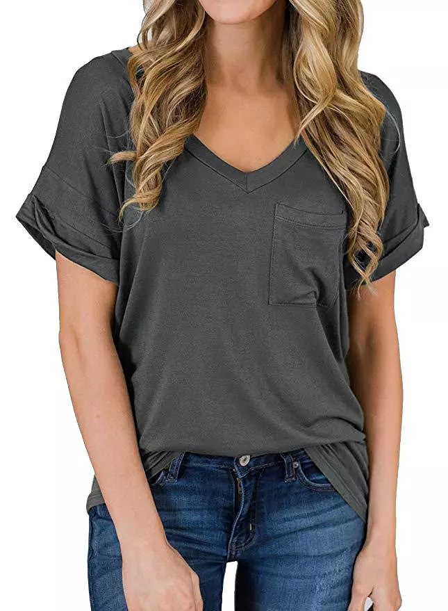 Haute Edition Women's Loose Relaxed Fit V-Neck SummerTopT-Shirt With Pocket