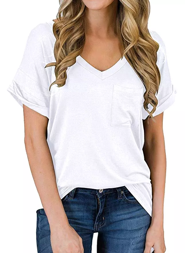 Haute Edition Women's Loose Relaxed Fit V-Neck SummerTopT-Shirt With Pocket