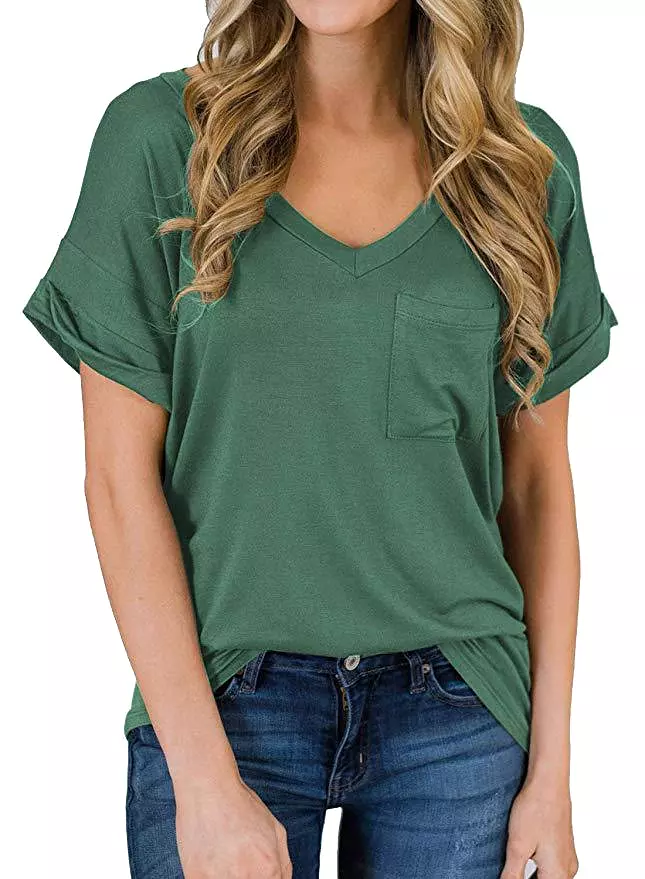 Haute Edition Women's Loose Relaxed Fit V-Neck SummerTopT-Shirt With Pocket