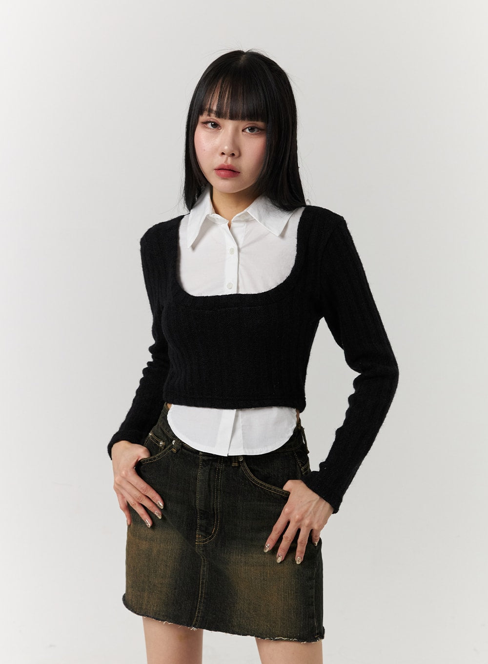 Layered Shirt Buttoned Crop Top CJ404