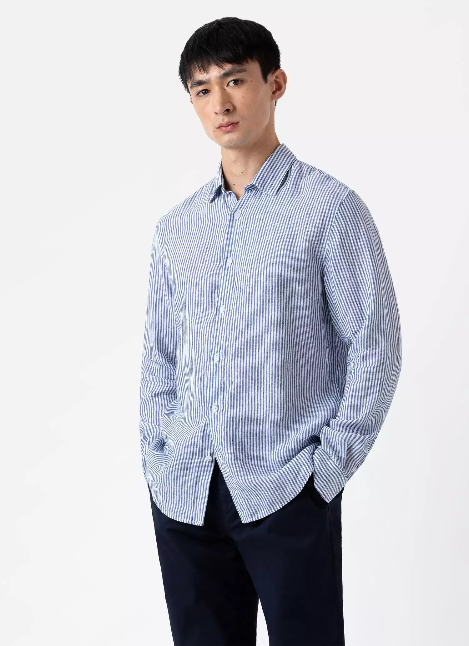 Men's Linen Shirt in Navy/White Linen Stripe