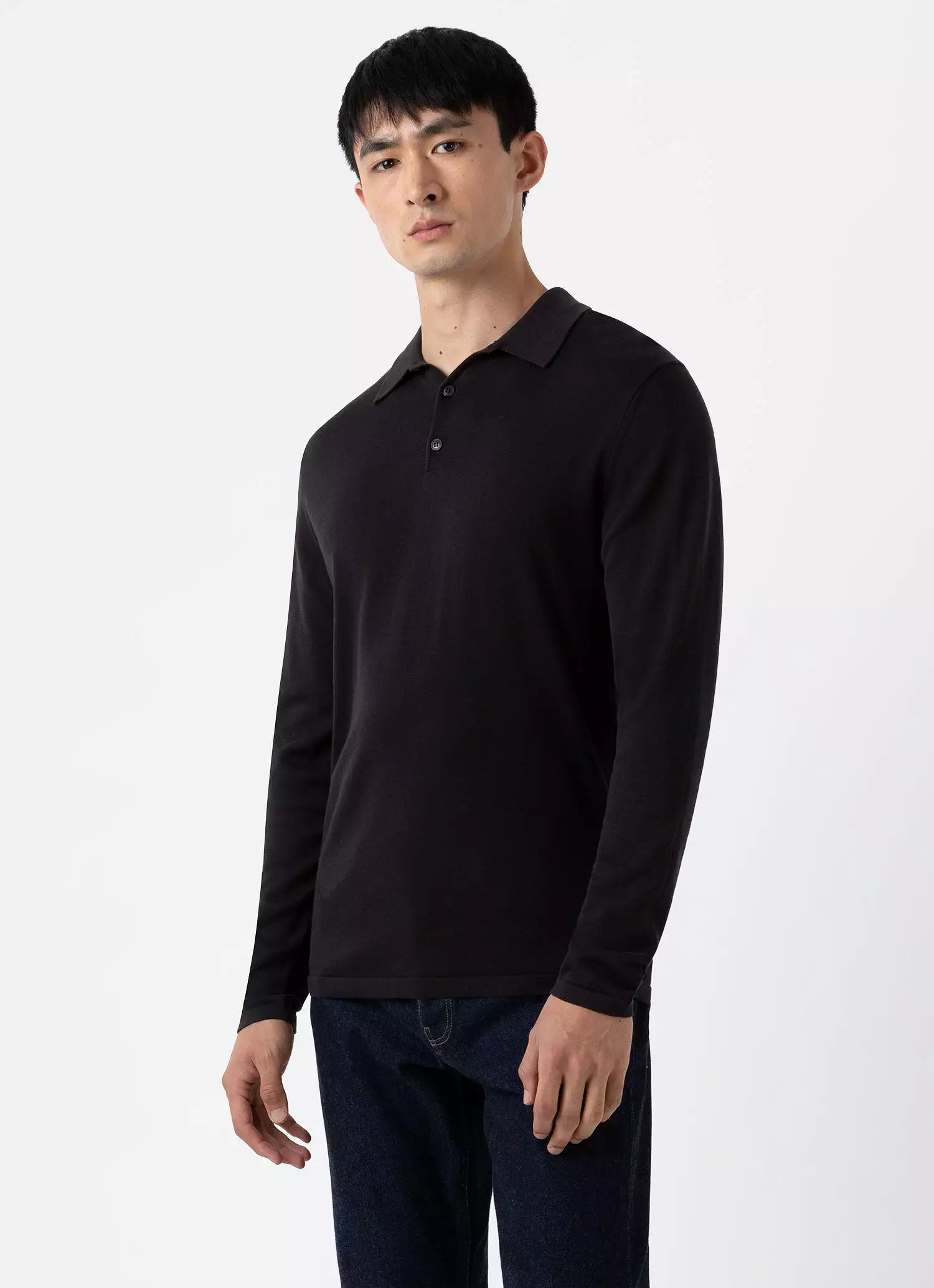 Men's Sea Island Cotton Long Sleeve Polo Shirt in Black