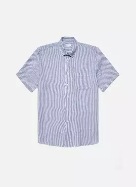 Men's Short Sleeve Linen Shirt in Navy/White Classic Stripe