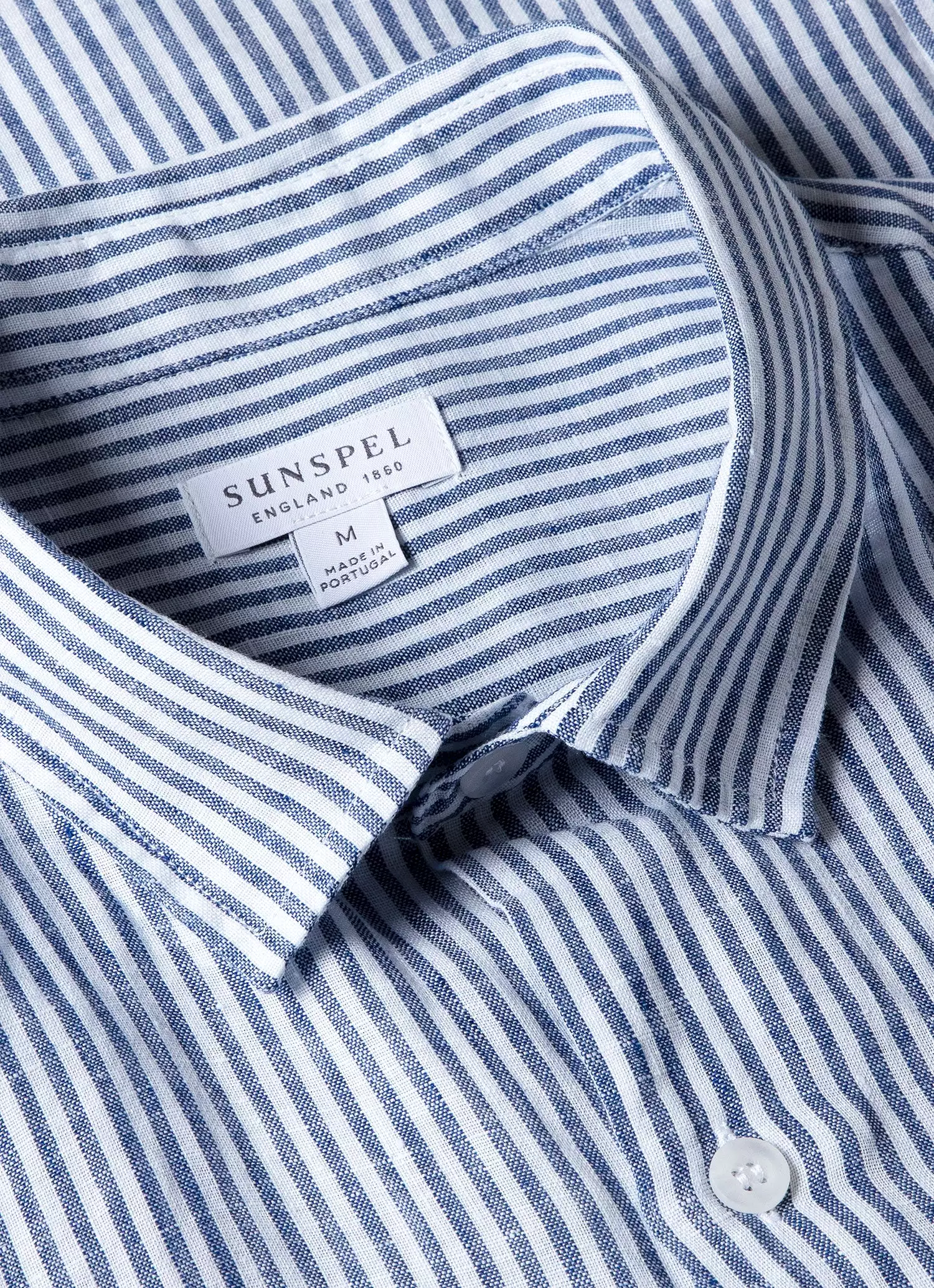 Men's Short Sleeve Linen Shirt in Navy/White Classic Stripe