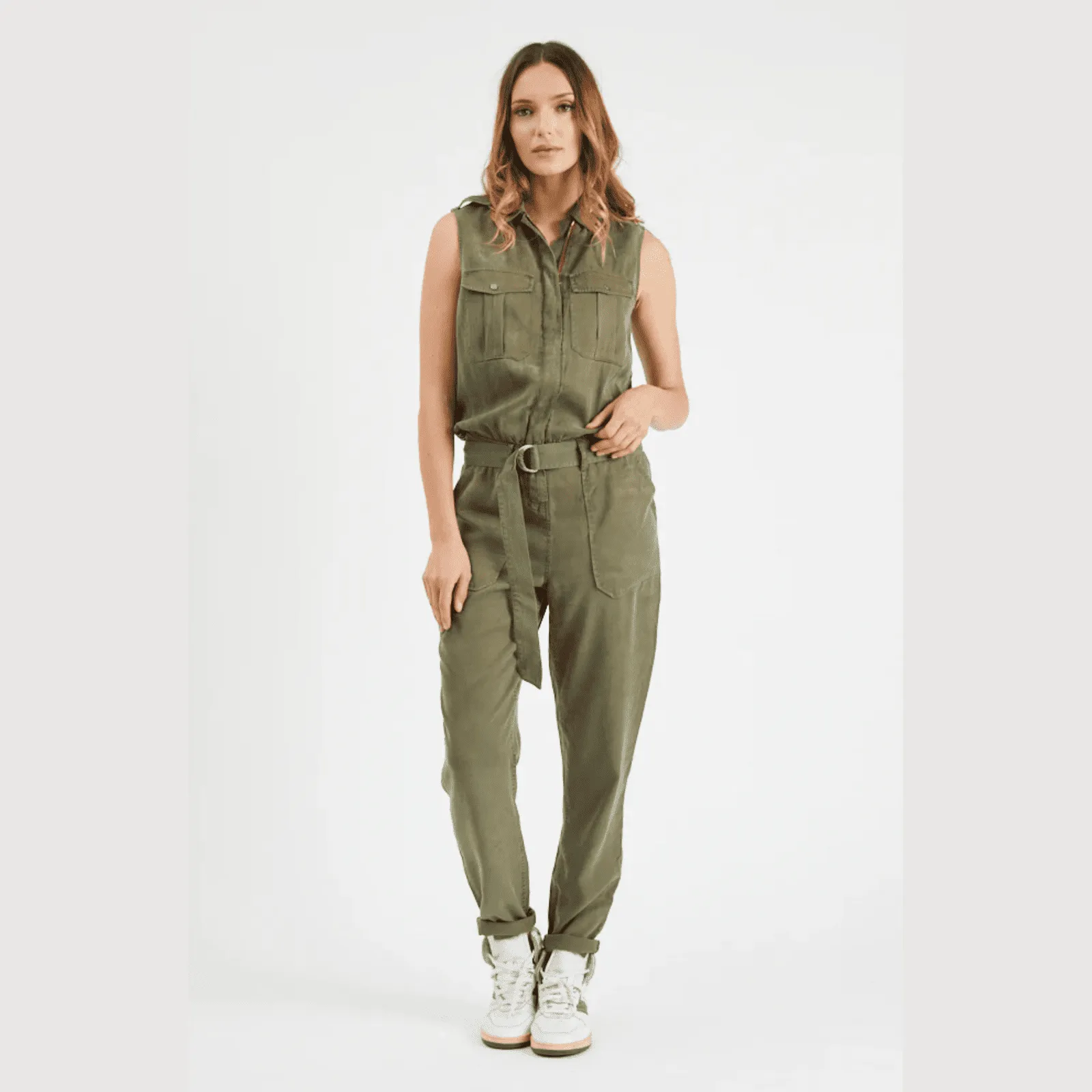 Military Sleeveless Zipper Belted Jumpsuit