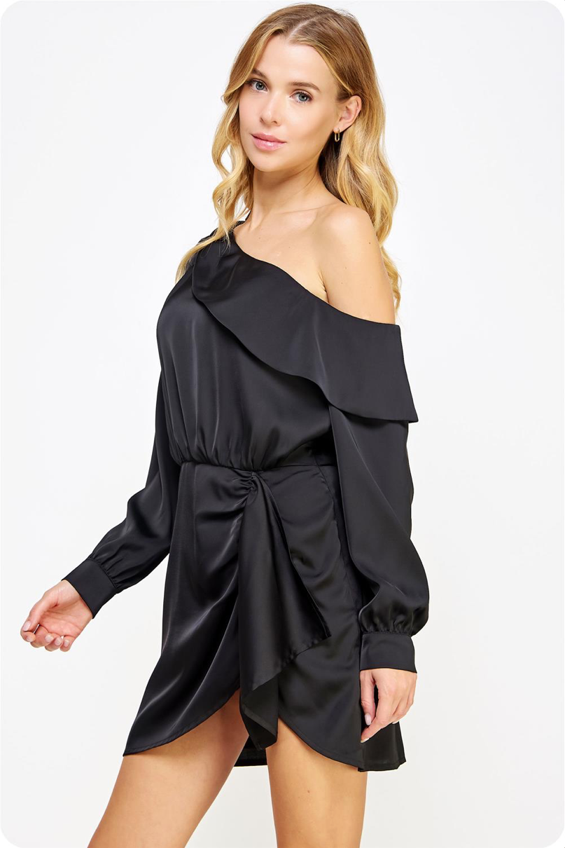 One Shoulder Draped Satin Mini Dress