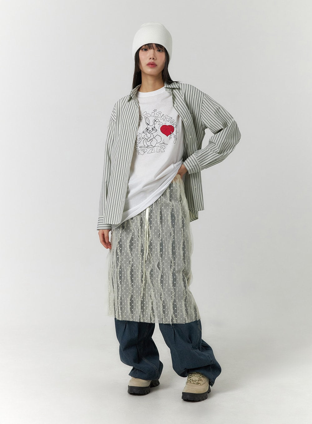 Oversized Collar Striped Button Shirt CF406