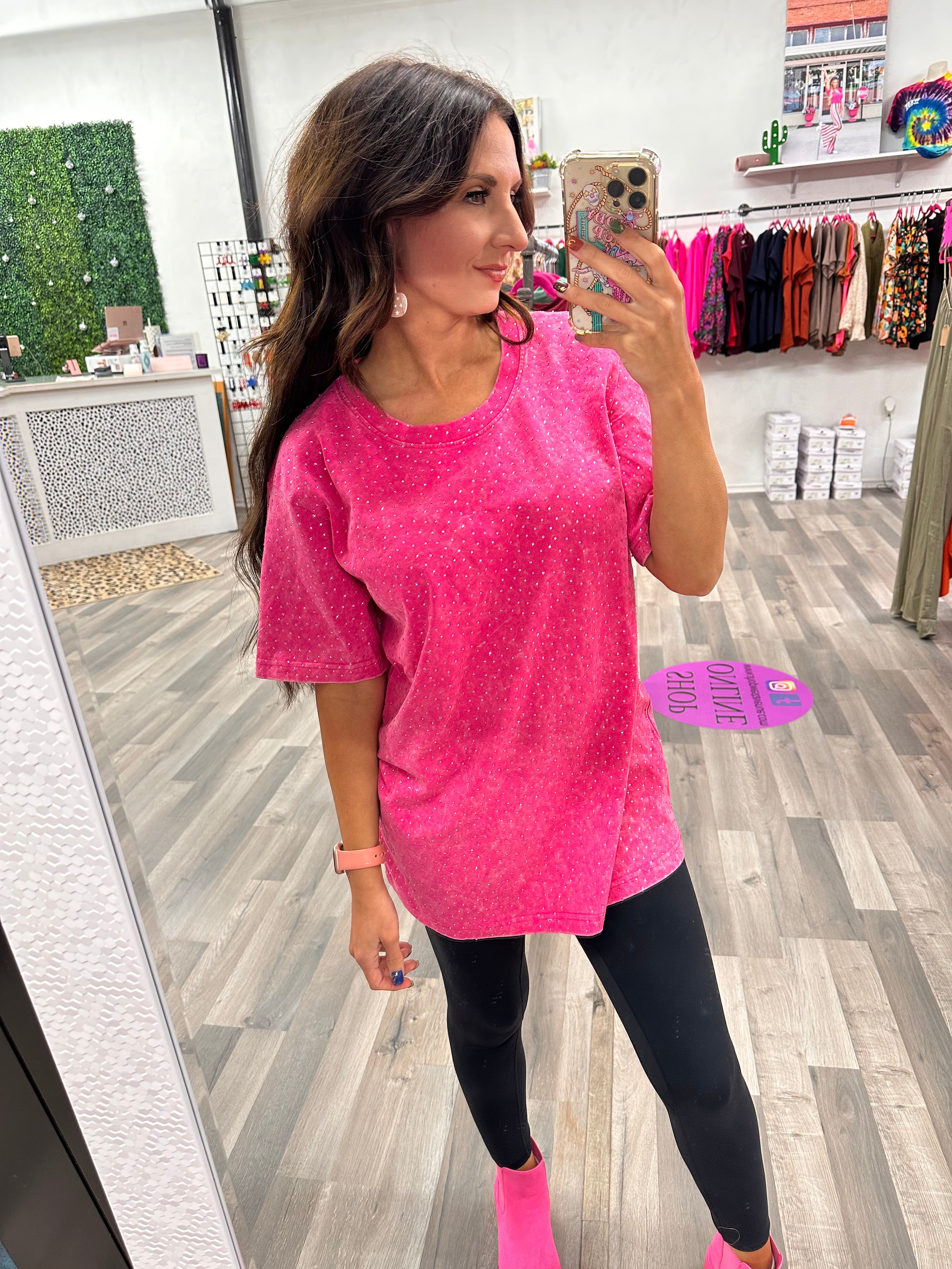 Oversized Hot Pink Rhinestone Shirt