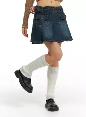 Pleated Denim Mini Skirt with Belt CF426