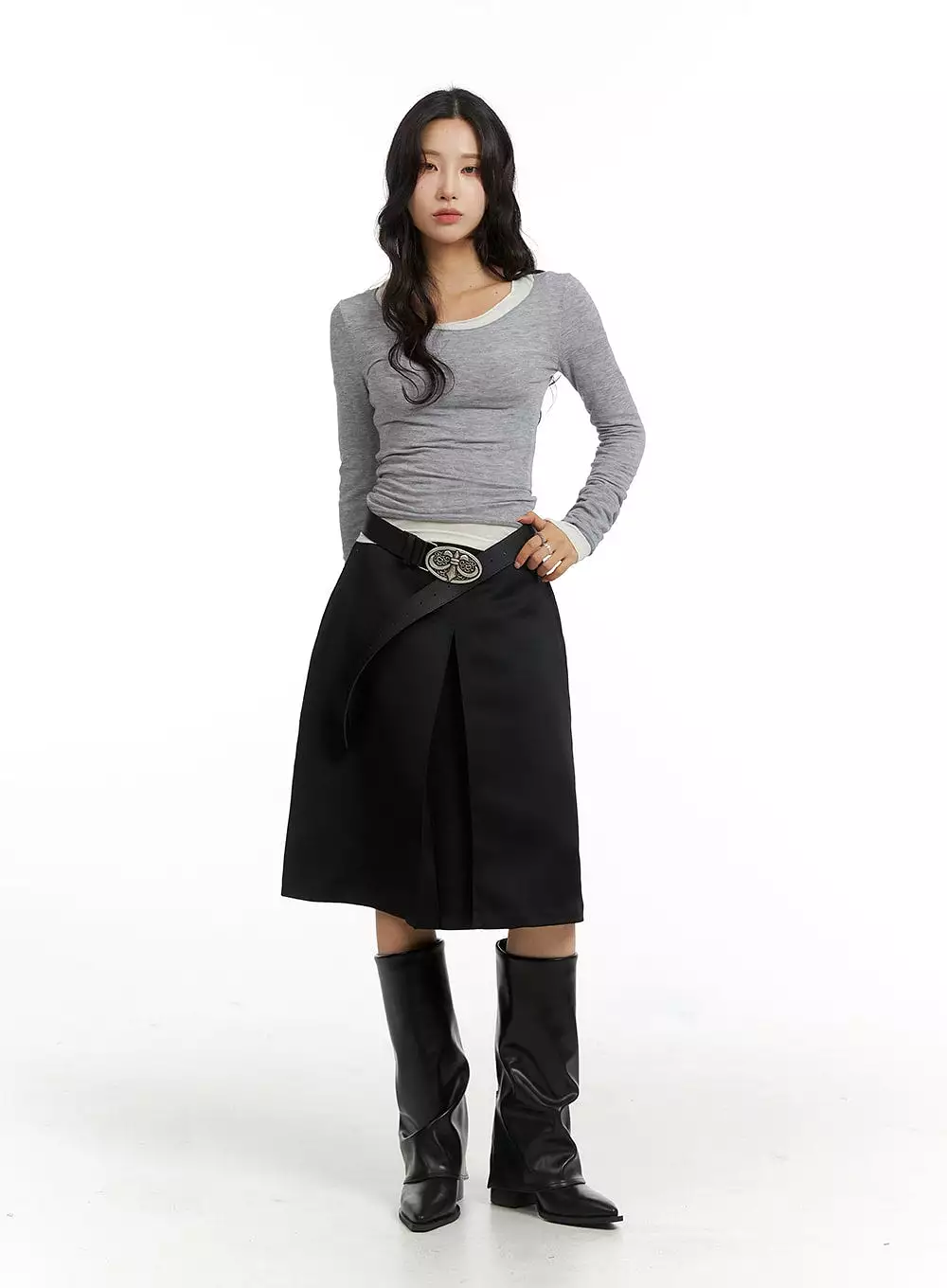 Pleated Mid-Length Solid Skirt CJ417