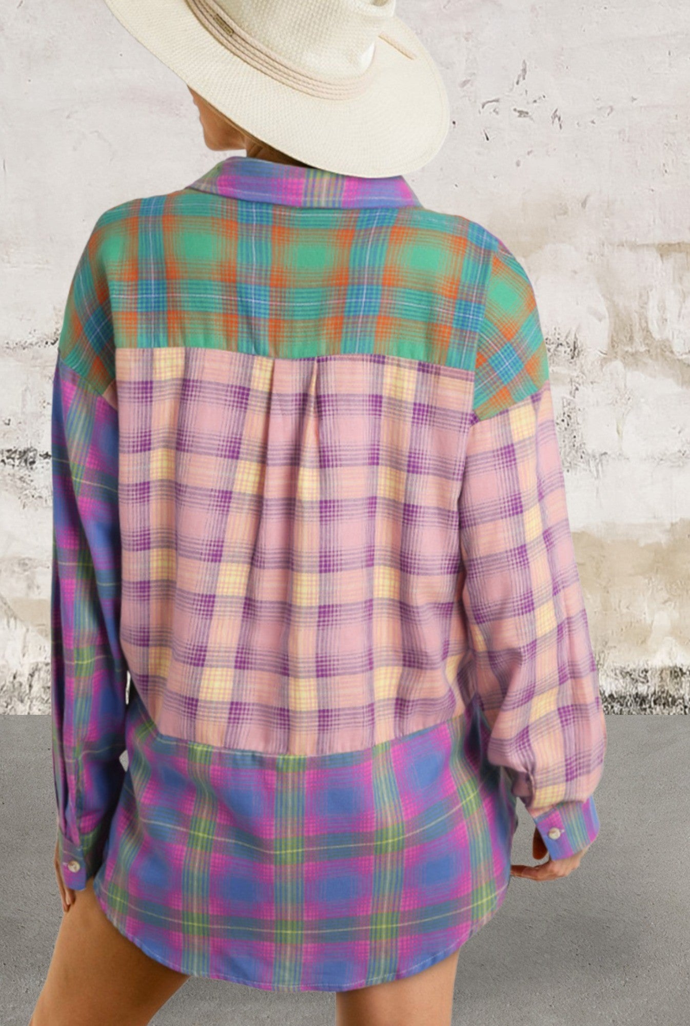 Purple Long Sleeve Gradient Plaid Raw Hem Shirt