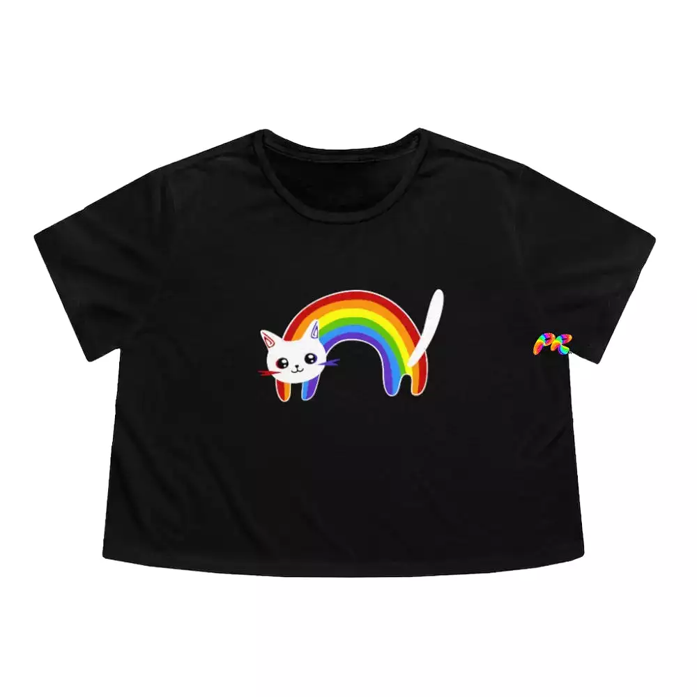 Rainbow Cat Women's Flowy Cropped T-Shirt