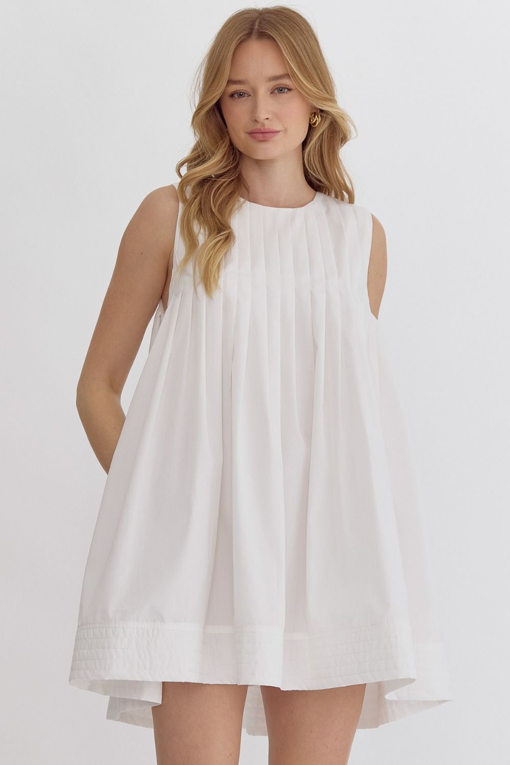 Round Neck Sleeveless Pleat Detail Mini Dress