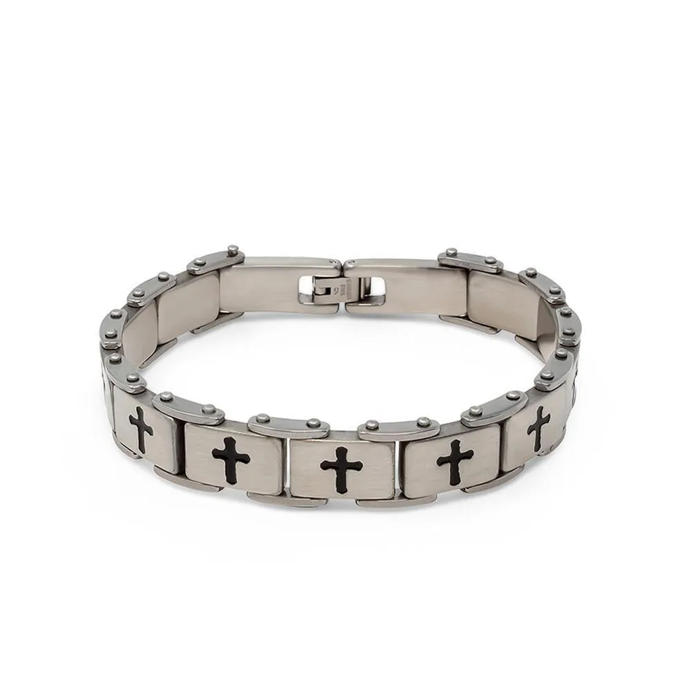 Stainless Steel Black Cross Link Bracelet 8.5