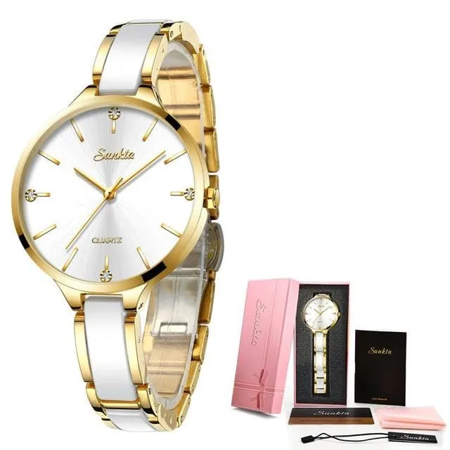 SUNKTA Women Watch Ceramic Watch Women Simple Diamond Clock Casual Fashion Watch Sport Waterproof Wristwatch Relogio Feminino