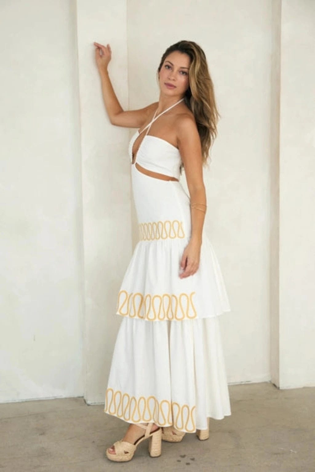 Time embroidery Maxi Dress Off White