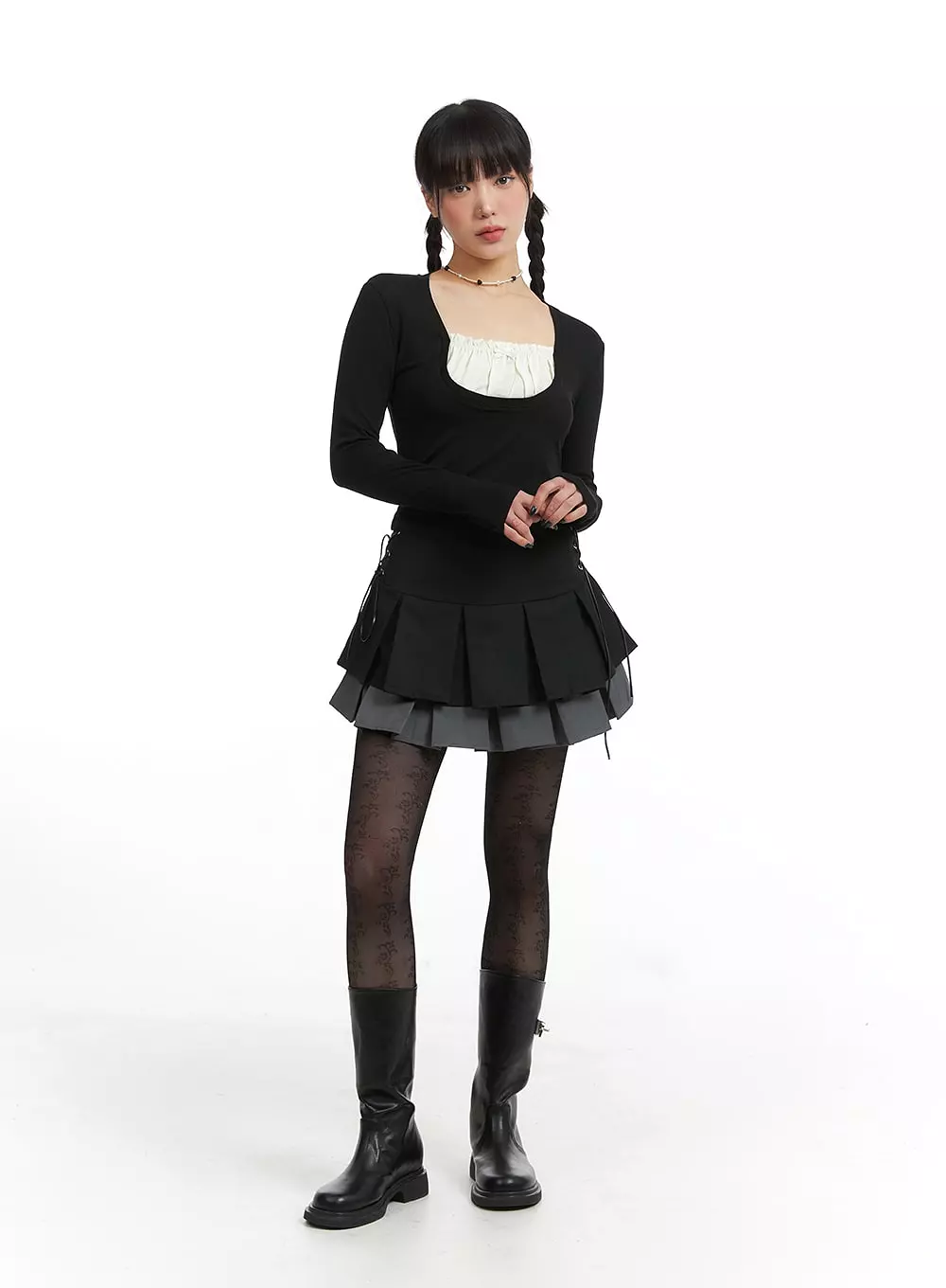 Two-Layered Pleated Mini Skirt IJ411