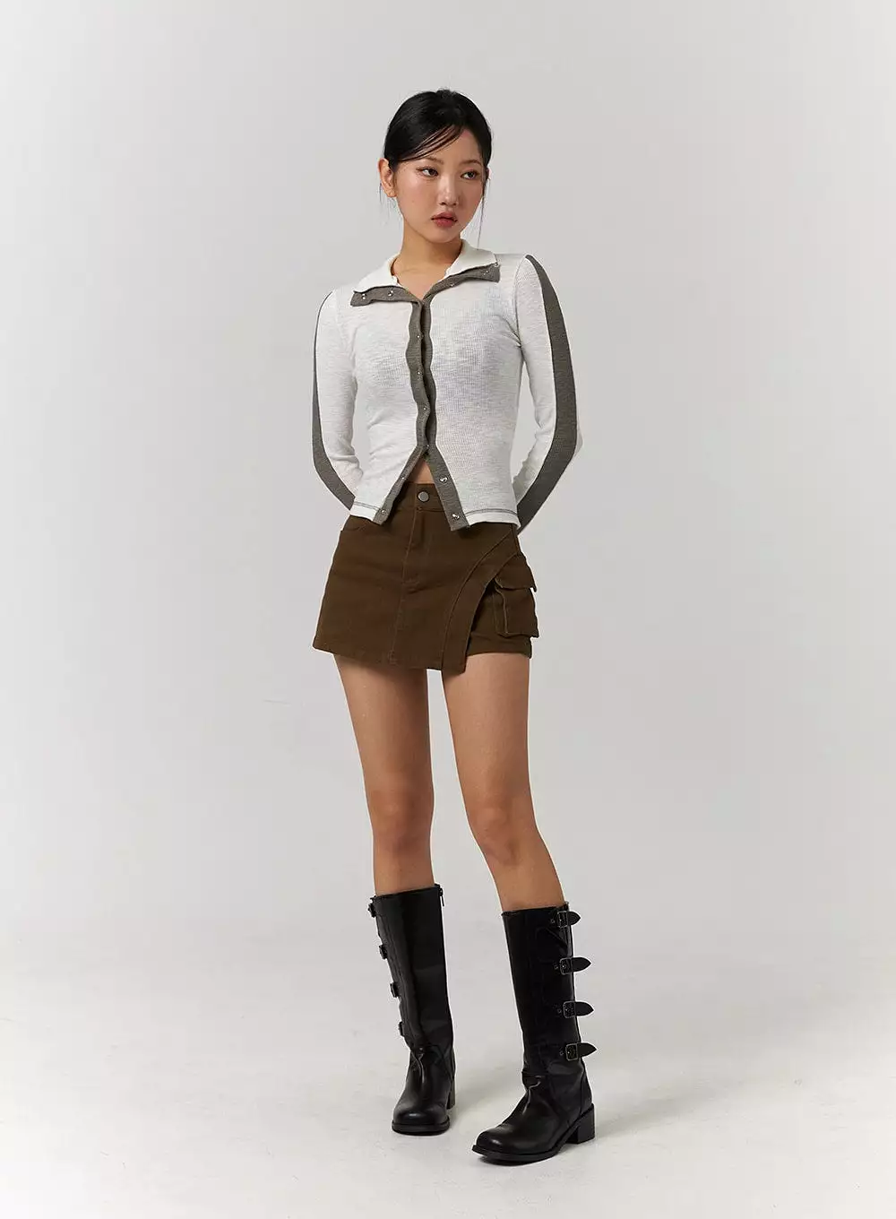 Unbalanced Solid High Waist Button Cargo Mini Skirt CD329