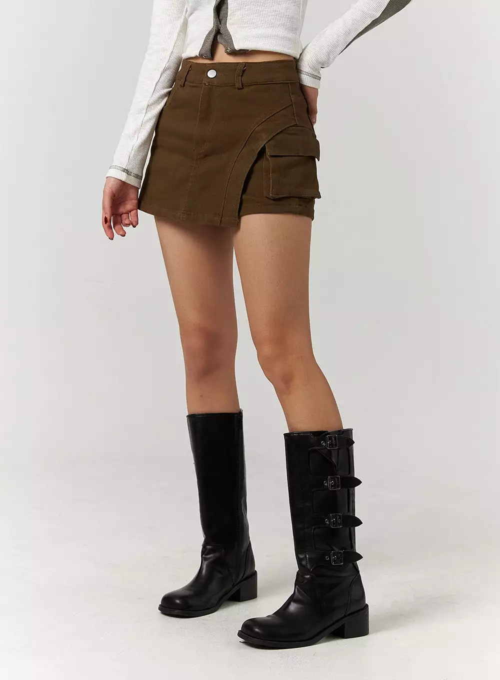 Unbalanced Solid High Waist Button Cargo Mini Skirt CD329