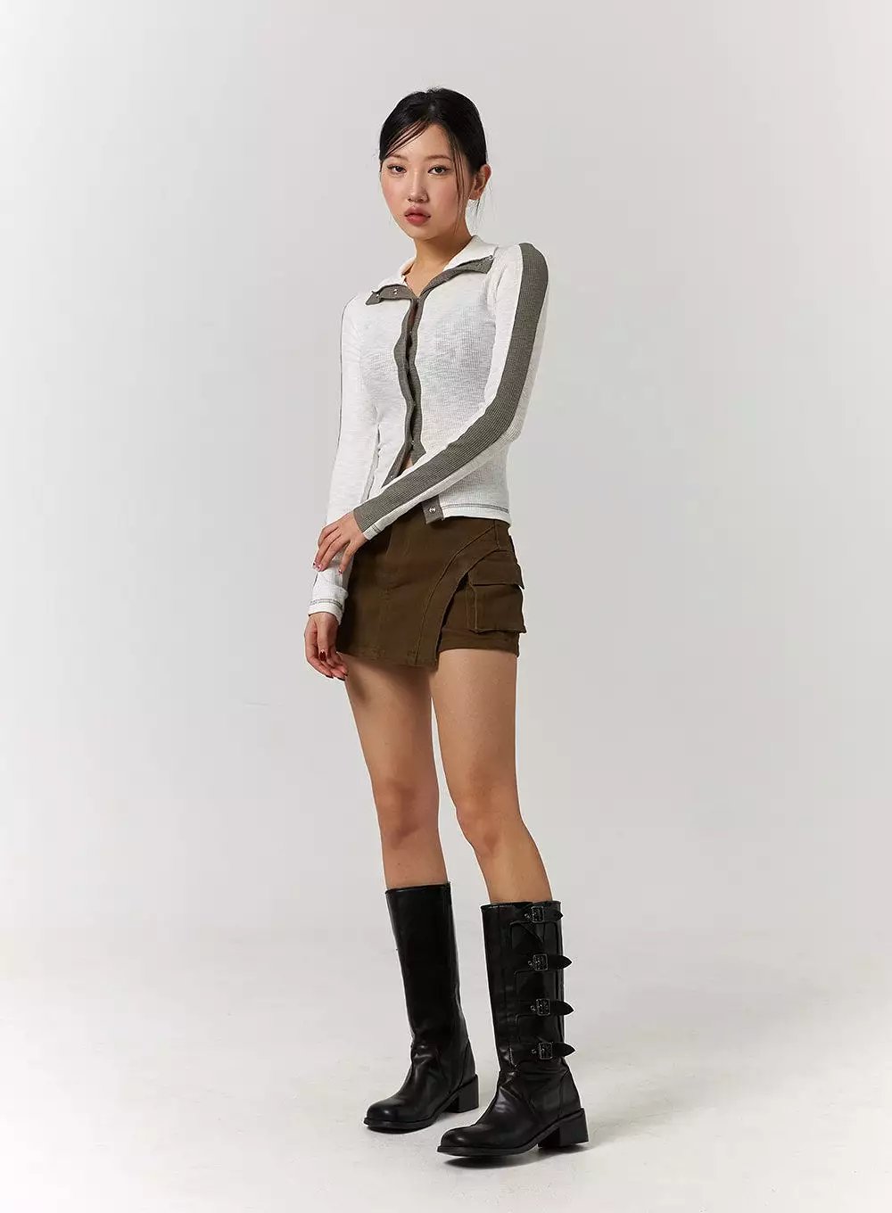 Unbalanced Solid High Waist Button Cargo Mini Skirt CD329