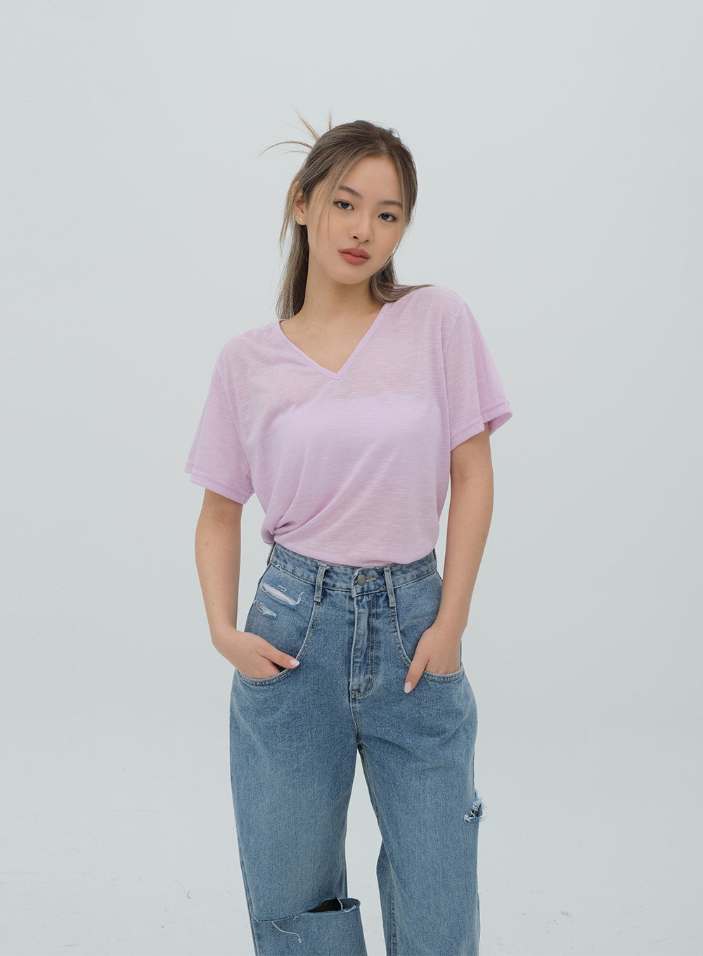 Violet Short Sleeve V Neck T Shirt BF25