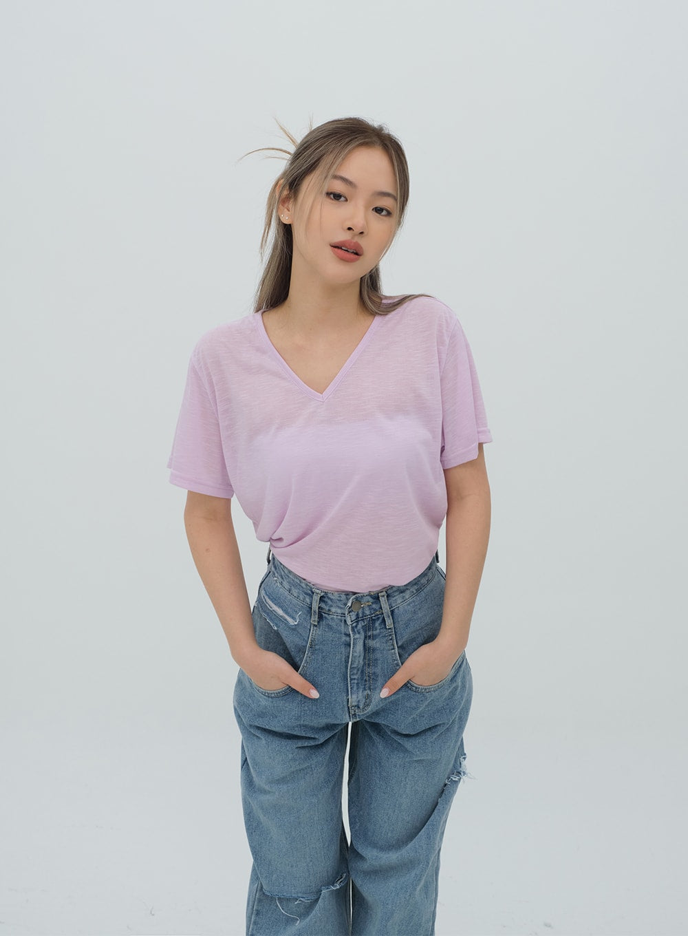 Violet Short Sleeve V Neck T Shirt BF25