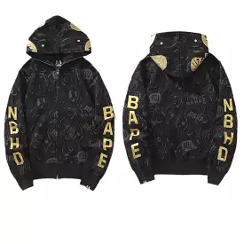 Wholesale High Quality Golden Letters Ape Shark Camo Hoodie Streetwear Hip Hop Hoodies Sweatshirt Full Zipper Unisex Jacket