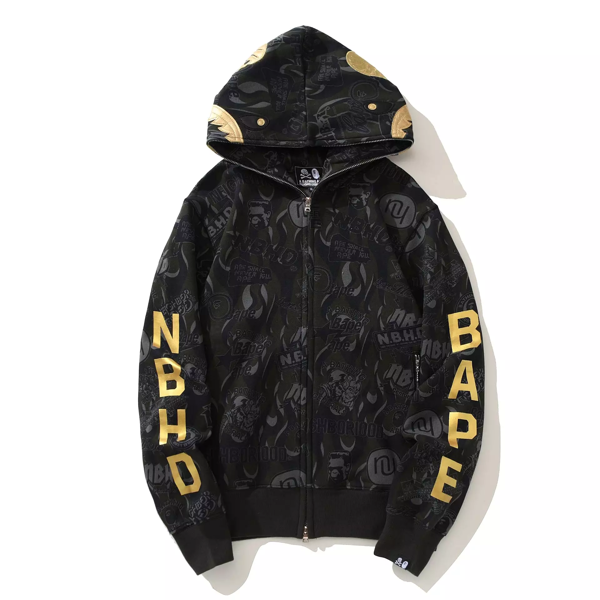 Wholesale High Quality Golden Letters Ape Shark Camo Hoodie Streetwear Hip Hop Hoodies Sweatshirt Full Zipper Unisex Jacket