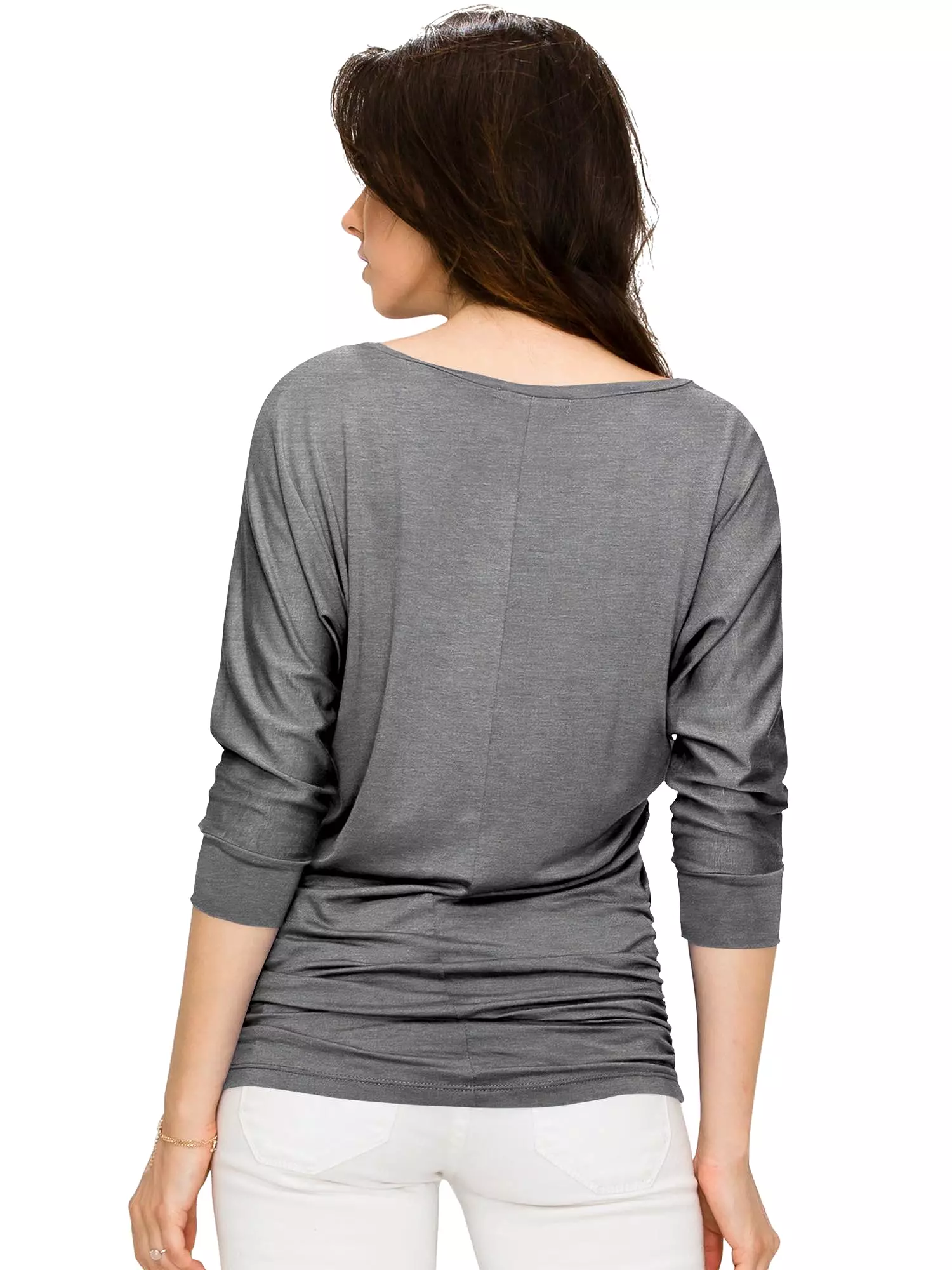 Women's V Neck 3/4 Sleeve Drape Dolman Shirt Top with Side Shirring