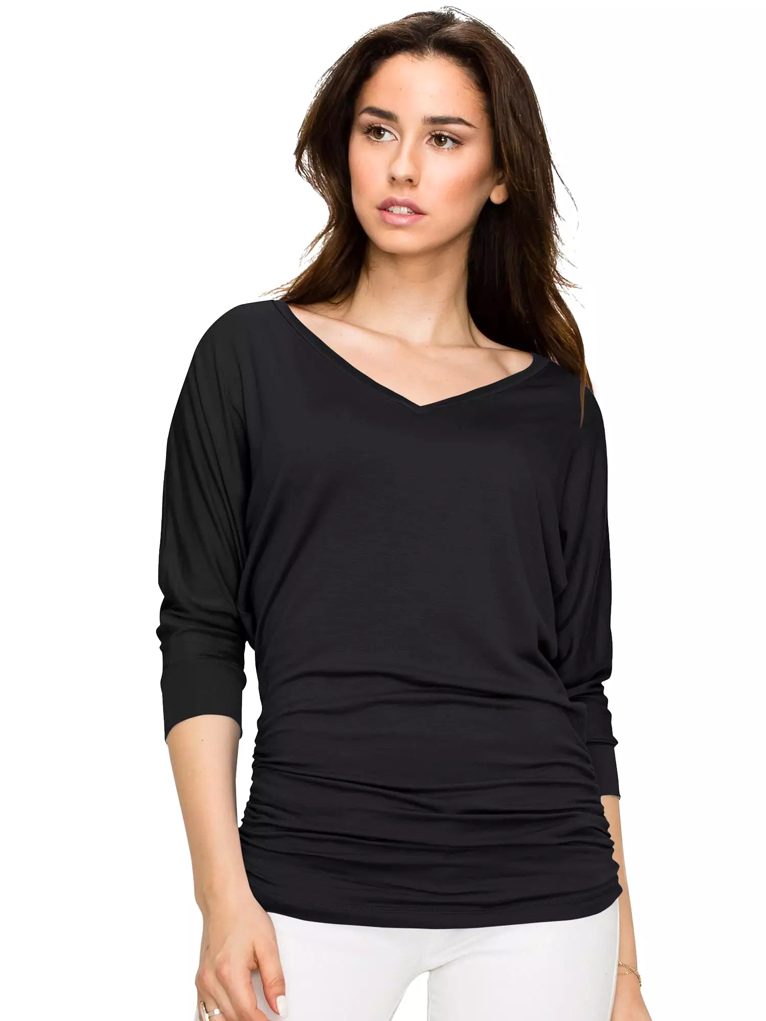 Women's V Neck 3/4 Sleeve Drape Dolman Shirt Top with Side Shirring