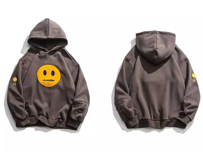 Zipper Pocket Smiley Face Patchwork Fleece Hoodies